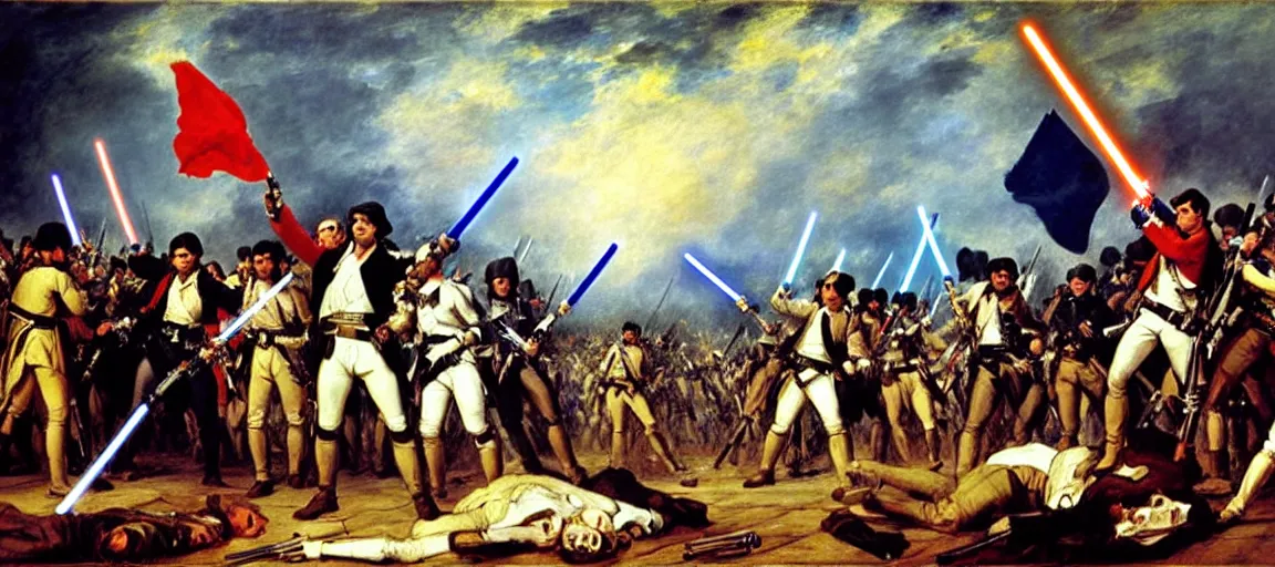 Image similar to liberty leading the people, french revolution, flag, quebec, blue fleur - de - lis, eugene delacroix, jedi, lightsaber, ewoks, at - st, tie - fighter, endor forest, oil on canvas