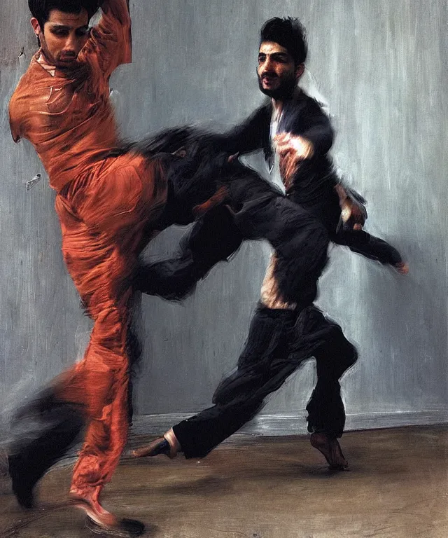 Prompt: a color photograph of persian young man dancing in his workplace, by nan goldin, painted over by jenny saville, out of place, intense, bold, exaggerated, over proportion, hyperrealistic, ultra sharp, extra details, ultra high quality,