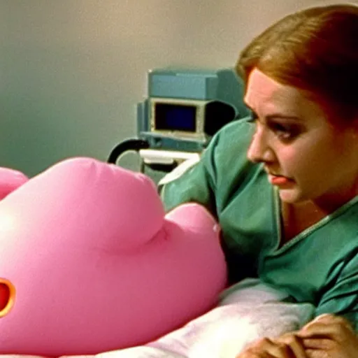 Prompt: woman who has given birth to a squishy inflatable toy, in hospital bed, 1974 Fellini film, archival footage, technicolor film, 16mm, wacky children's tv with anthropomorphic animal