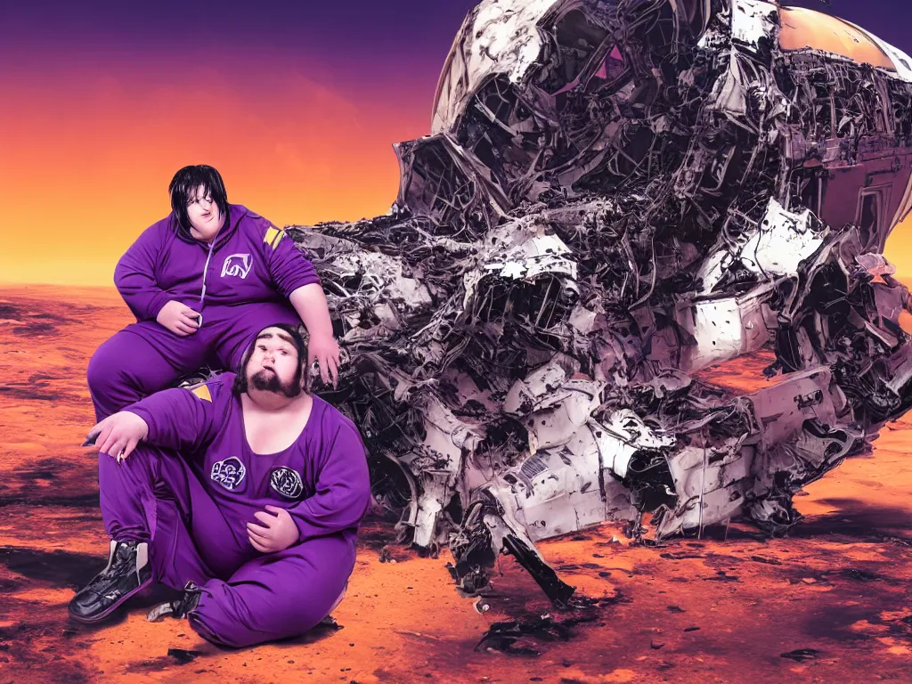 Image similar to portrait of an overweight depressed teenager with emo haircut wearing gothy purple and black spandex suit, sitting next to smashed burning spacecraft wreckage, on the orange surface of mars, highly detailed, dramatic lighting, photorealistic, cinematic