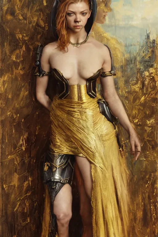 Prompt: redhead natalie dormer wearing black and gold medieval armour, bare legs, detailed, by gaston bussiere, bayard wu, greg rutkowski, giger, maxim verehin, greg rutkowski, masterpiece, sharp focus, cinematic lightning