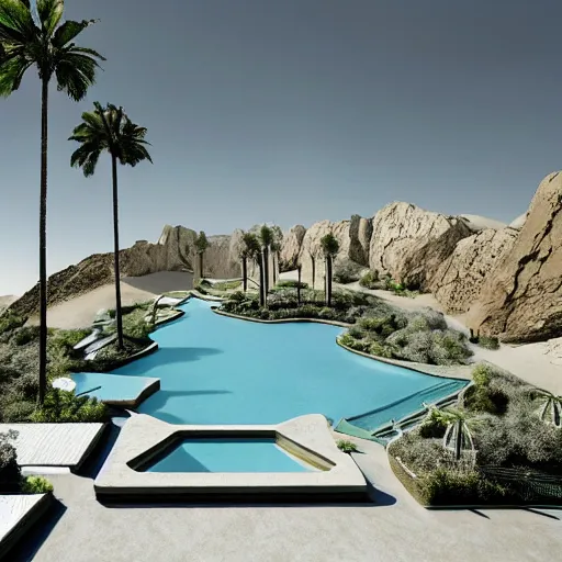 Prompt: brutalism conceptual hotel in the desert, biophilia mood, pool, garden, highly detailed, cinematic, photorealistic,