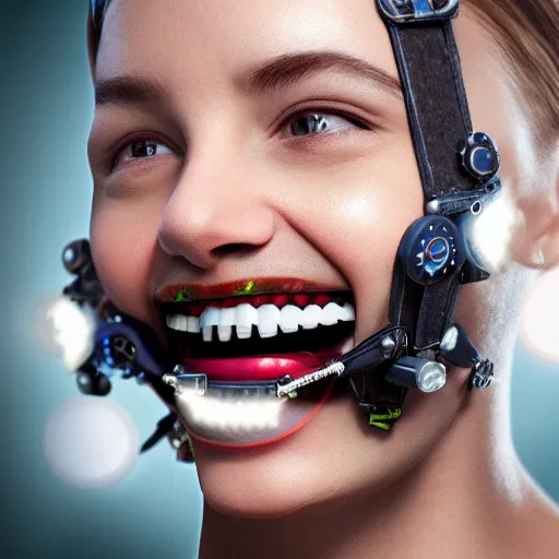 Prompt: a portrait of a person with braces on their teeth. the braces have rgb ambient lighting. digital art, steampunk, 8 k, 4 k, ue 5