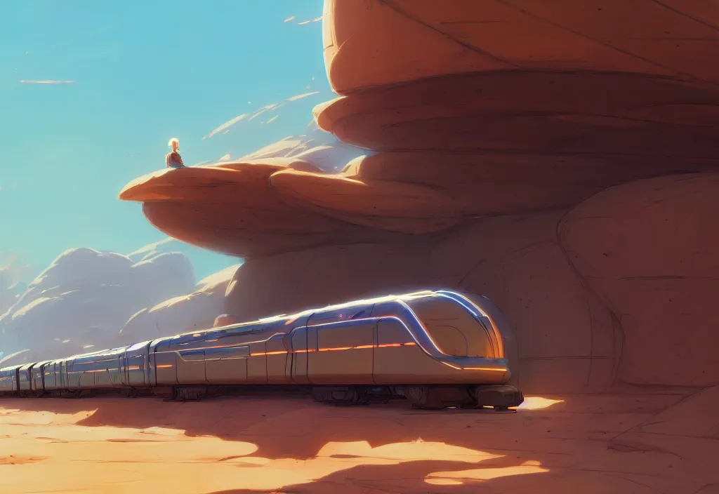 Prompt: futuristic train in a desert, rocks, anime, official fanart behance hd artstation by jesper ejsing and makoto shinkai, 4 k,