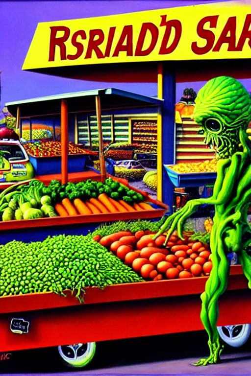 Prompt: a hyperrealistic painting of a roadside vegetable stand ran by mutant farmers. cinematic horror by jimmy alonzo, the art of skinner, chris cunningham, lisa frank, richard corben, highly detailed, vivid color,