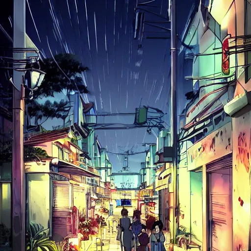 Image similar to key anime visual of a costal florida town at midnight, city streets vacant, very dark outside, black sky, modern anime style, official anime still