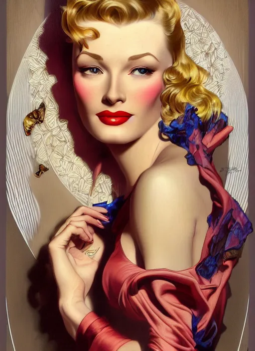 Image similar to veronica lake detailed clothing, half body shot, arms down, path traced, highly detailed, high quality, digital painting, rolf armstrong, karol bak, alphonse mucha, tom bagshaw