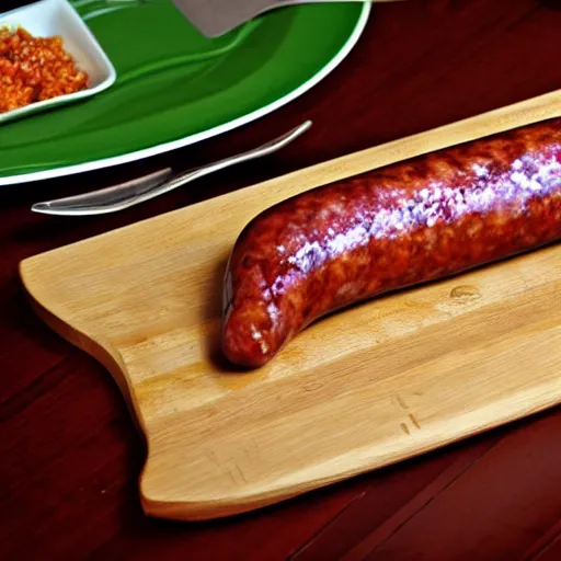 Prompt: boiled sausage image. image of food. plank. appetizer trail cam
