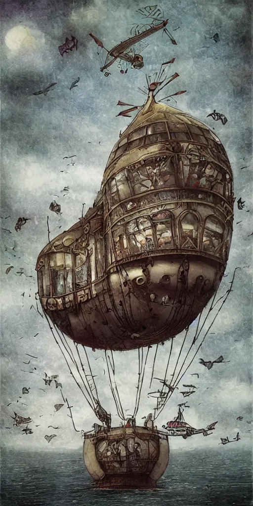 Prompt: a vintage living airship by alexander jansson and where's waldo