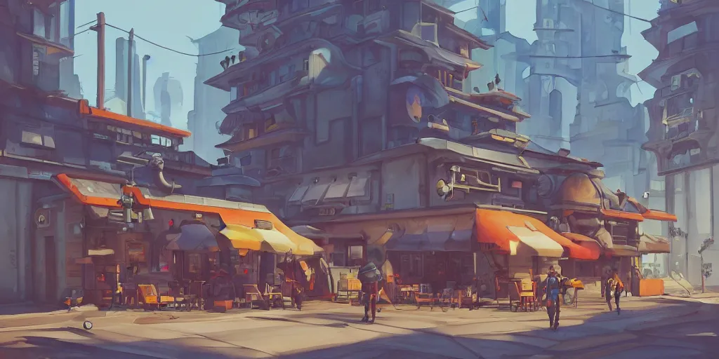 Image similar to overwatch building, stylized, exterior, architecture, in watercolor gouache detailed paintings, insanely detail, artstation, 8 k, futuristic, big medium small, arcane, simon stalenhag, food stall, interesting shapes & form, golden ratio, hard surface, props, lots of decoration and furniture