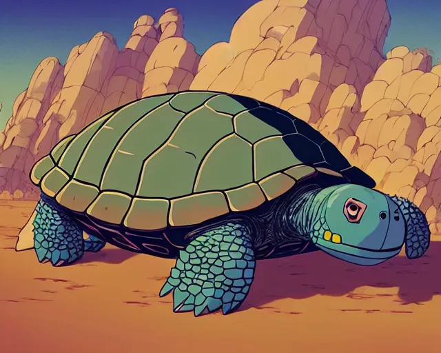 Image similar to a cell shaded cartoon giant turtle from howl's moving castle ( 2 0 0 4 ), on a desert road, illustration, wide shot, subtle colors, post grunge, concept art by josan gonzales and wlop, by james jean, victo ngai, highly detailed, sharp focus, trending on artstation, hq, deviantart, art by artgem