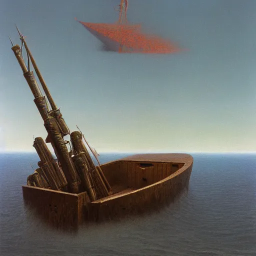 Image similar to a gunboat by Zdzisław Beksiński, oil on canvas