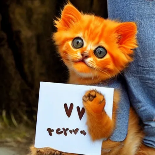 Image similar to cute fluffy orange tabby kitten with a sign that says