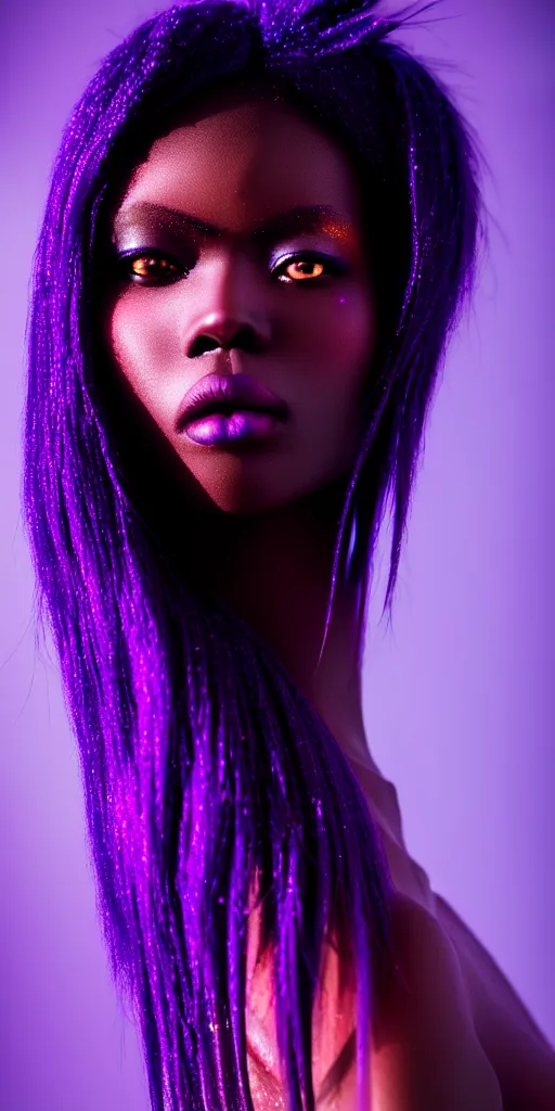 Prompt: hyperrealistic intricate close-up of beautiful african woman with purple hair and pearlescent blue skin james paick machiej kuciara dramatic neon lighting on one side 35mm shallow depth of field