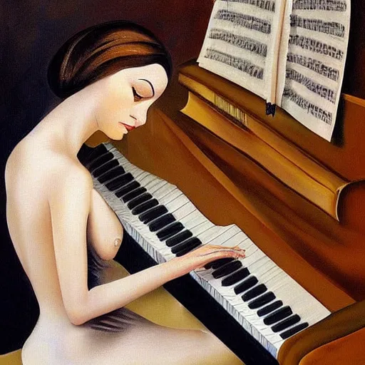 Prompt: beautiful painting of a light skinned woman with short hair playing a piano, digital art by Salvador Dali