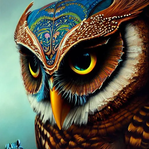 Prompt: a ultradetailed beautiful concept art of a an intricate wooden mask of an owl painted with beautiful colors, but the mask hide some dark secret, photorealism, sharp details, high resolution 4 k, by tom bagshaw, greg rutkowski, charli bowater and artgeem