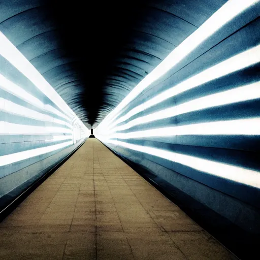 Prompt: A tunnel glowing with lines on the walls leading to the darkness