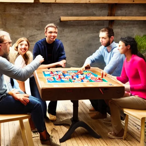 Prompt: photo of a dozen people sitting around a wooden rectangular table playing a board game