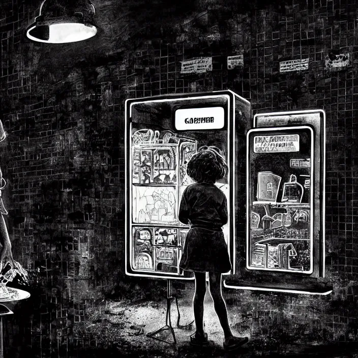 Image similar to sadie sink as a coal miner : sits at a table, eats bread. inside a dirty automated kiosk. bright tasty food options displayed on a wall. black tiles on walls. black and white, pencil and ink. by gabriel hardman, joe alves, chris bonura. cinematic atmosphere, detailed and intricate, perfect anatomy