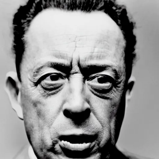 Prompt: 8k black and white photograph portrait of Albert Camus sticking his tongue out. National Geographic.