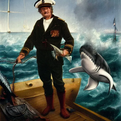 Image similar to Old sailor Willem Dafoe in captain's clothes holds a shark at arm's length, stands on the deck against the background of a raging sea, the background is blurred, focus in the foreground, realism, details,