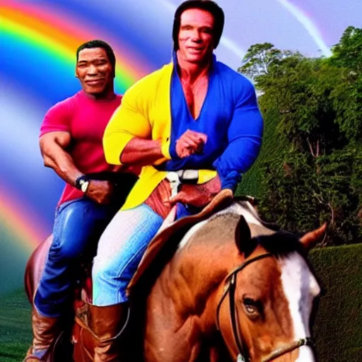 Image similar to mike tyson and arnold schwarzenegger riding a horse in front of a rainbow