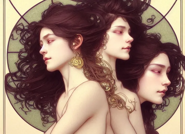 Image similar to portrait of 3 women with flowy hair, confident pose, pixie, genshin impact, intricate, elegant, sharp focus, soft bokeh, illustration, highly detailed, concept art, matte, trending on artstation, bright colors, art by wlop and artgerm and greg rutkowski, mucha, giger