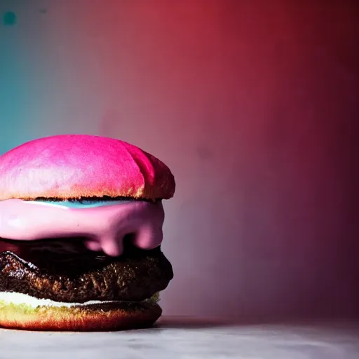 Image similar to a dramatic photo of a cotton candy burger. moody, melanchony.