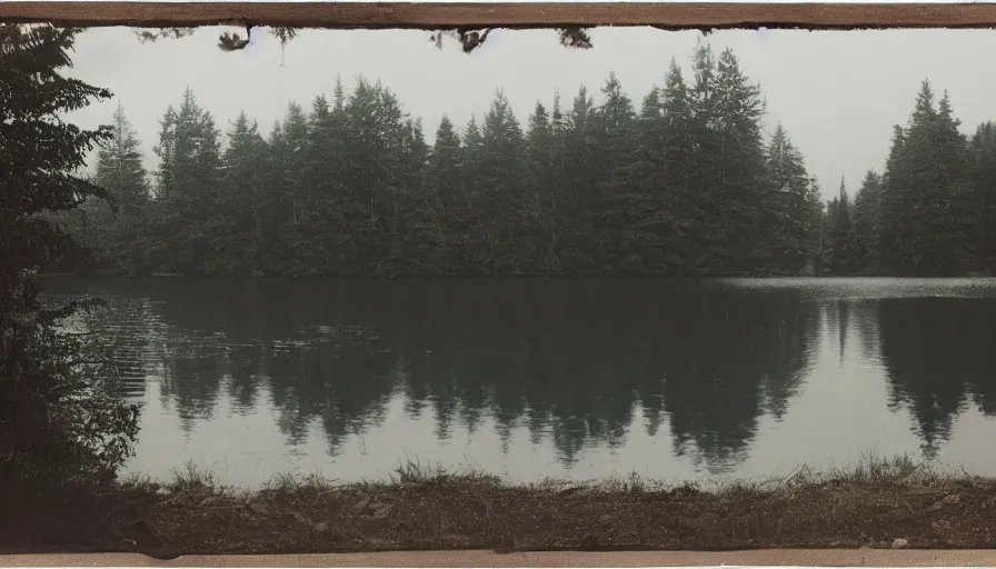 Image similar to photograph of an infinitely long rope on the surface of the water, the rope is zig zagging from the foreground towards the center of the lake, a dark lake on a cloudy day, trees in the background, moody scene, anamorphic lens, kodak color film stock