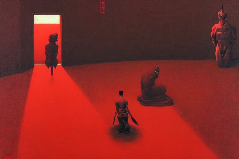 Image similar to only with red, a red samurai, tokio in background, some evil yokai, in the style of beksinski, parts by edward hopper, parts by rodcenko, parts by yue minjun, intricate and epic composition, red by caravaggio, insanely quality, highly detailed, masterpiece, red light, artstation, 4 k