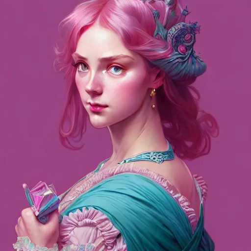 Image similar to aristocrat, teal pink color palette, female, d & d, fantasy, intricate, elegant, highly detailed, long pink hair, digital painting, artstation, octane render, concept art, matte, sharp focus, illustration, hearthstone, art by artgerm, alphonse mucha johannes voss