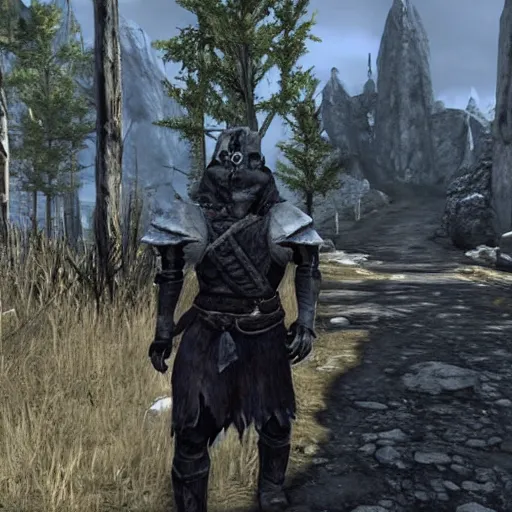 Prompt: walking through skyrim but all the NPCs are robots