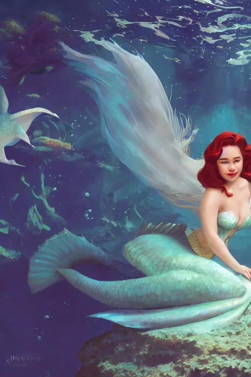 Image similar to Emilia Clarke as the little mermaid underwater by Gil Elvgren Stanley Artgerm Lau, WLOP, James Jean, Andrei Riabovitchev, Marc Simonetti, Yoshitaka Amano, ArtStation, CGSociety, hair floating covering chest, bubbles vfx, cinematic lighting, god ray, starlit shining eyes