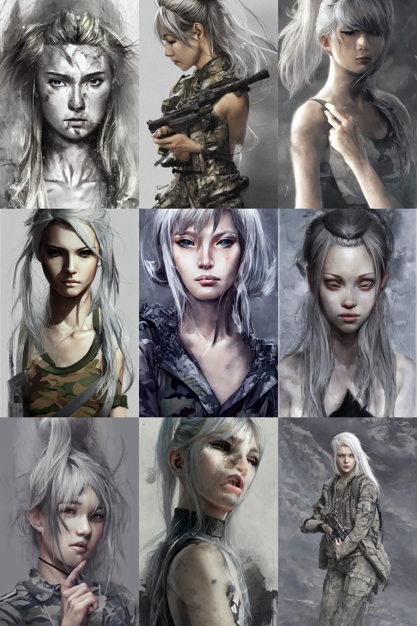 Prompt: girl, silver hair (ponytail), multicam (camo), posing, (trending on artstation), beautiful face, cinematic full body shot, ilustration by Takehiko Inoue (((and Yoann Lossel)))