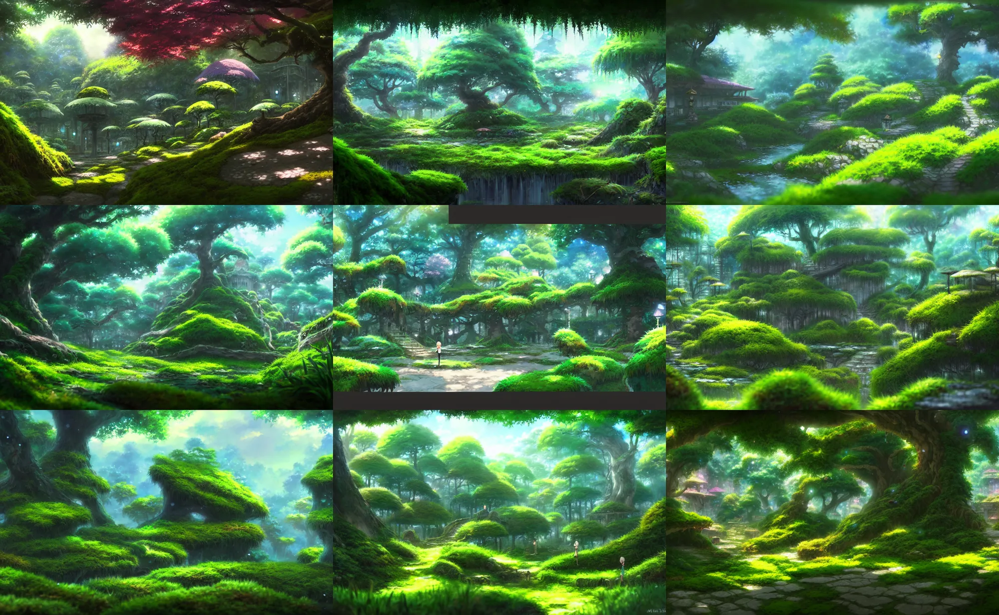 Prompt: an anime movie background matte painting of a secret moss garden, fantasy, by makoto shinkai, trending on artstation, highly detailed
