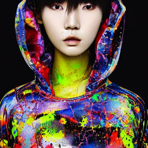 Image similar to photo realistic, high level of detail, high resolution, 3 5 mm lens : ( subject = korean top model + ( object = hoodie + object detail = high definition highly detailed baroque cyberpunk shamaness, varnished oil paint in bright colors on black background with small background color splatters, by katsuhiro otomo ) )