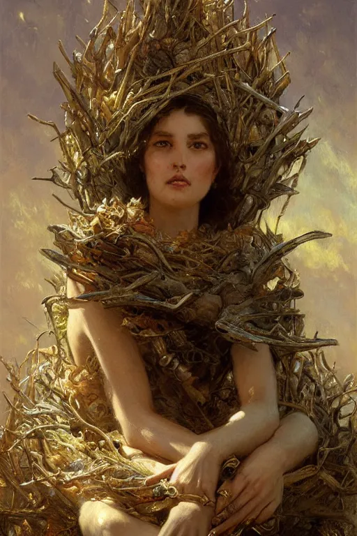 Image similar to full body portrait of seraphim queen sitting in her nest of bones, highly detailed painting by gaston bussiere, craig mullins, j. c. leyendecker, 8 k, mid shot