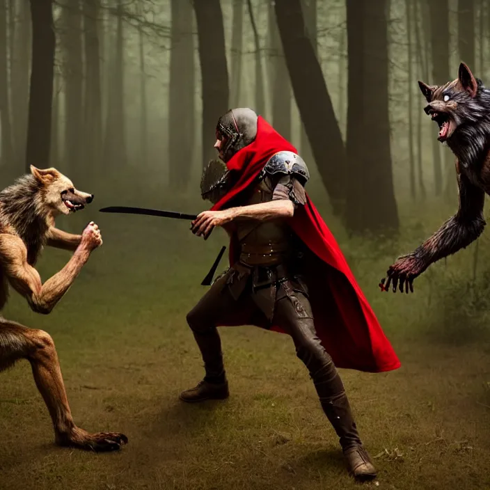 Image similar to photograph of a real-life beautiful reed riding hood warrior confronting a werewolf. 8k