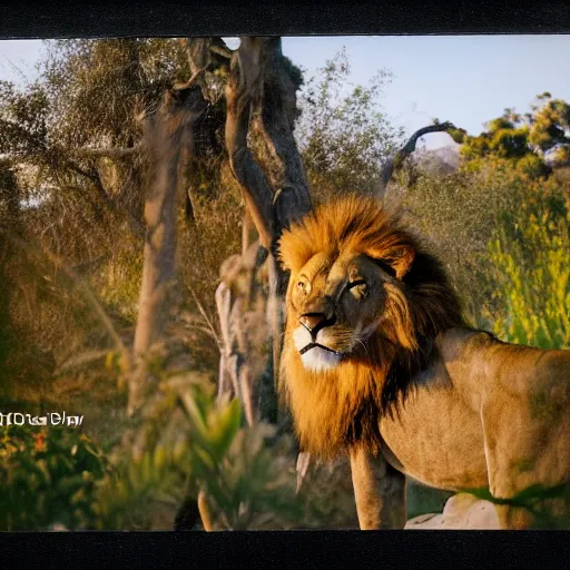 Image similar to photograph of a polaroid of a lion loose at the san diego zoo, tourists in background, bokeh, high definition, slr, golden hour, realistic skin