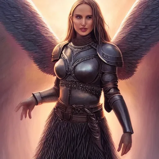 Prompt: portrait of Natalie Portman as a young aasimar angel valkyrie warrior girl maiden wearing comfy leather armor with beautiful feathered angel wings, blue eyes, beautiful face, Emily Ratajkowski, innocent, intricate, elegant, highly detailed, ultradetailed, hyperdetailed, artstation, concept art, smooth, sharp focus, illustration, art by artgerm and greg rutkowski and Rossdraws and Bluesssatan and Mandy Jurgens and alphonse mucha