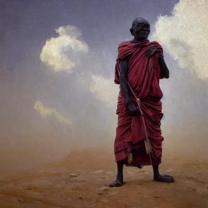 Image similar to a painting of a wise elder from Kenya by Henry Ossawa Tanner . dramatic angle, ethereal lights, details, smooth, sharp focus, illustration, realistic, cinematic, artstation, award winning, rgb , unreal engine, octane render, cinematic light, macro, depth of field, blur, red light and clouds from the back, highly detailed epic cinematic concept art CG render made in Maya, Blender and Photoshop, octane render, excellent composition, dynamic dramatic cinematic lighting, aesthetic, very inspirational, arthouse.