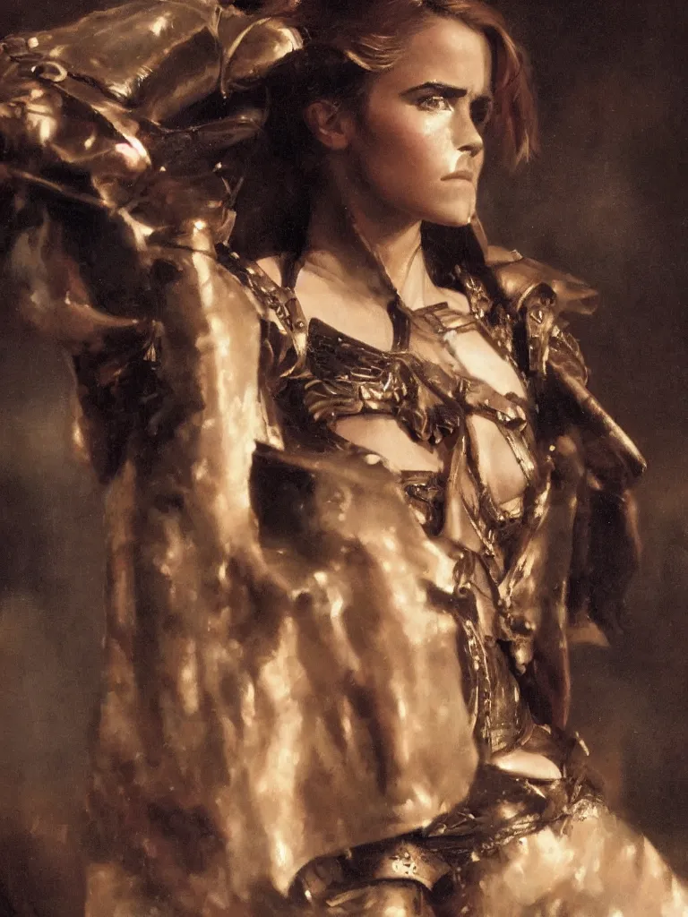 Prompt: close up of emma watson in full leather armor, cinematographic shot, by delphin enjolras and daniel f. gerhartz