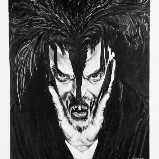 Image similar to vincent price as billionaire howard hughes in long black feathered cloak, black hands tipped with black claws, feathers growing out of skin, being abusive and angry, vivid, mike mignogna, illustration, dynamic and dramatic, highly detailed, rough paper, dark, oil painting