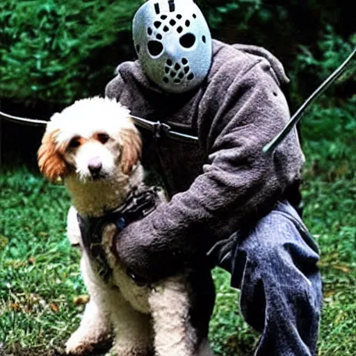 Prompt: Jason Voorhees and dog