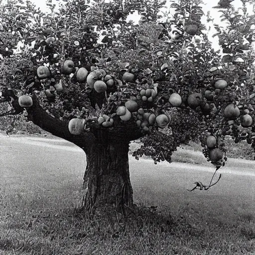 Prompt: a vintage photo of an old apple computer with an apple tree growing out of it