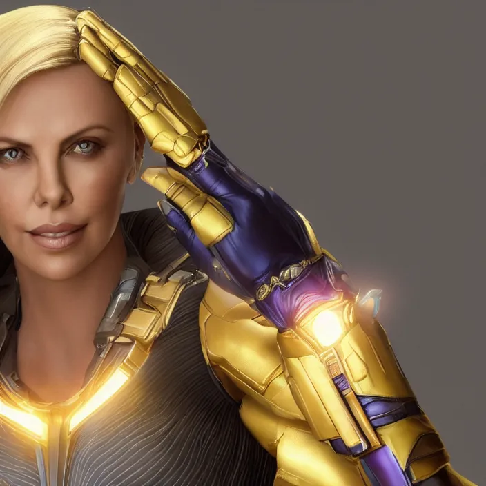 Image similar to portrait of (Charlize Theron), wearing The Infinity Gauntlet!! intricate artwork. octane render, trending on artstation, very coherent symmetrical artwork. thanos. cinematic, hyper realism, high detail, octane render, 8k, iridescent accents