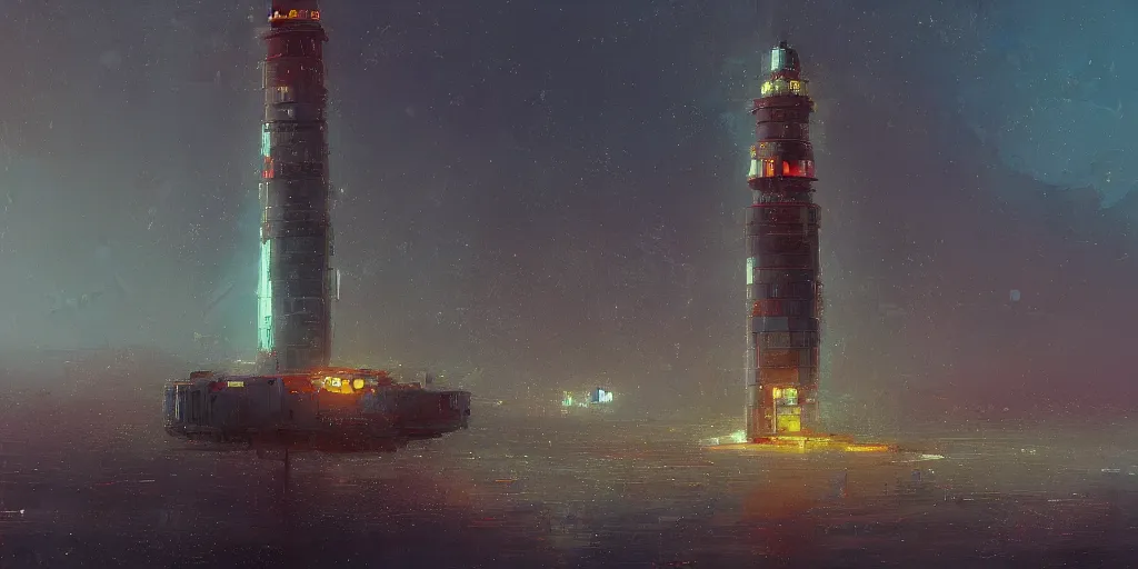 Image similar to concept art of a lone towering sci - fi lighthouse at the cape of a big city, grimy, gritty, blade runner 2 0 4 9, trending on artstation, award winning painting, cgi, art by john berkey and anton fadeev and john howe and simon stalenhag