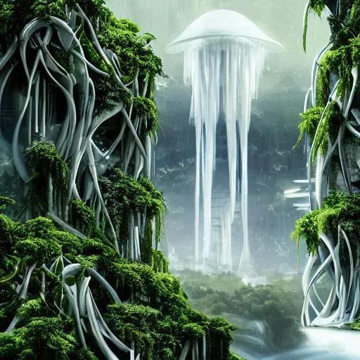 Prompt: large windows revealing white futuristic metropolis covered in plants and red roses, hanging vines, interior view, magical white futuristic alien architecture, expansive grand scale, with ornate detail carved in blackbutt timber, next to a waterfall, plants, greenery, white flowers, hanging vines, glowing sprites, fibonacci composition, photorealistic, 4 k, god rays, highly detailed, octane render