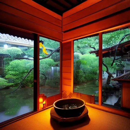 Image similar to inside a dimly lit cozy dark wooden Japanese house with a indoor koi pond at night raining, bonsai trees, fireflies, wild flowers, raining, night time