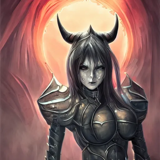 Image similar to character portrait of demon knightess in the style of WLOP, trending on artstation, digital painting, fantasy, intricate, highly detailed, concept art, smooth, sharp focus, illustration